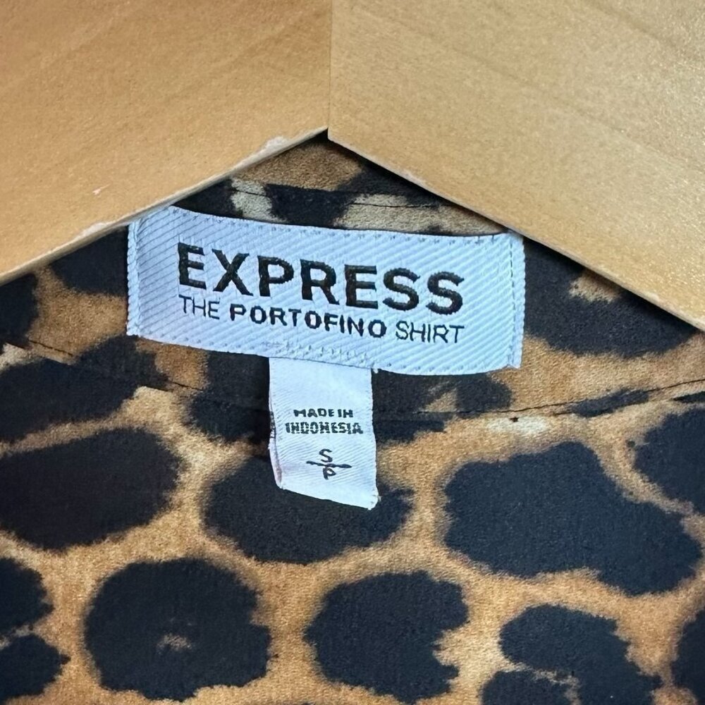 Express Portofino Shirt in Brown & Black Leopard Print Crepe Size Small - Picture 6 of 7